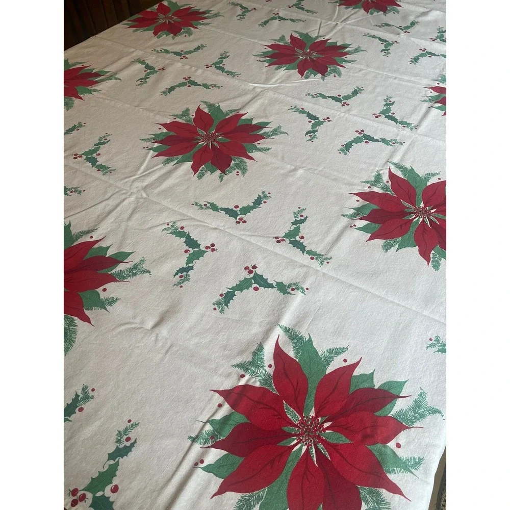 Vintage Christmas Tablecloth Poinsettia Holly Red Green Cotton 67x50 Rectangle